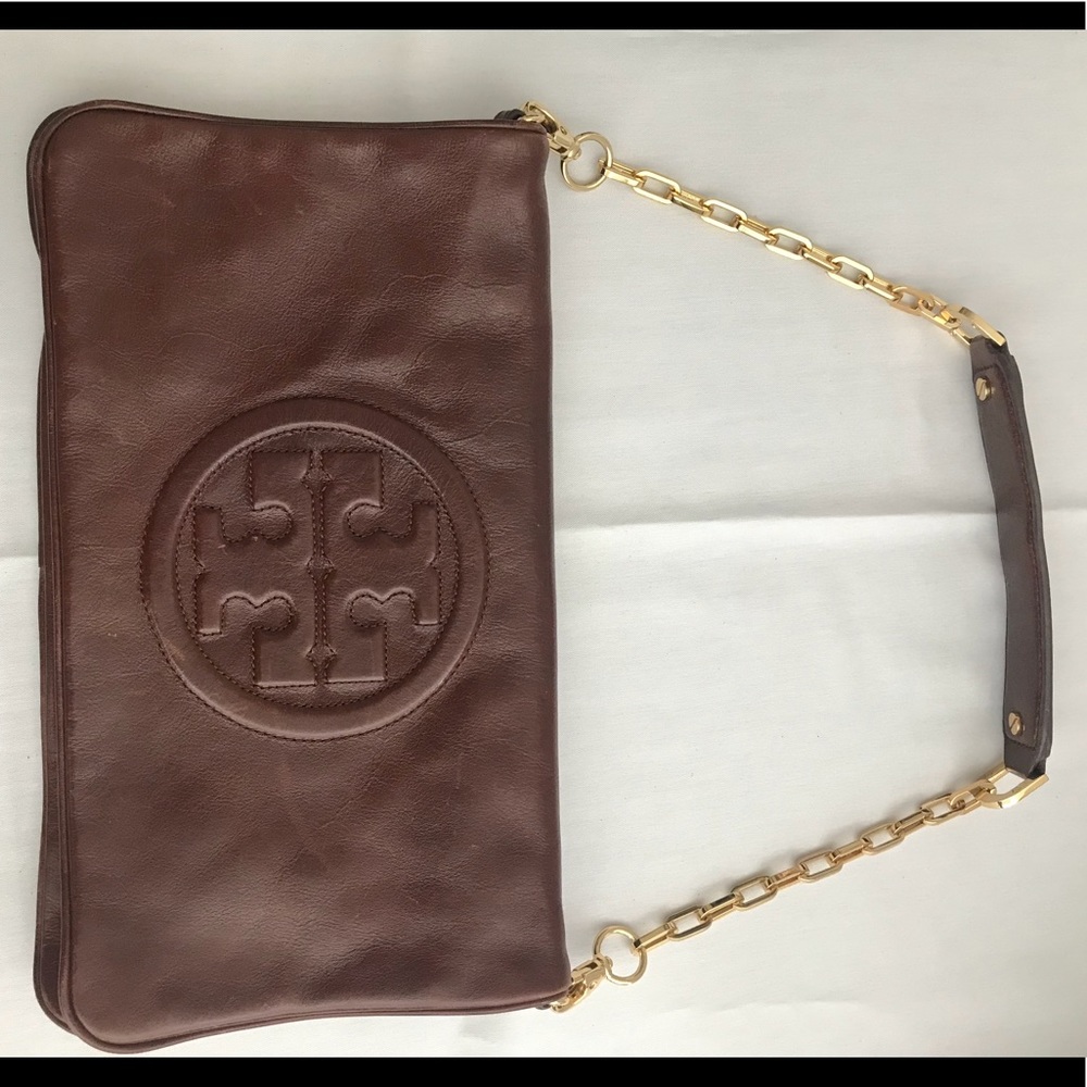 Tory Burch Brown Clutch with Gold Chain